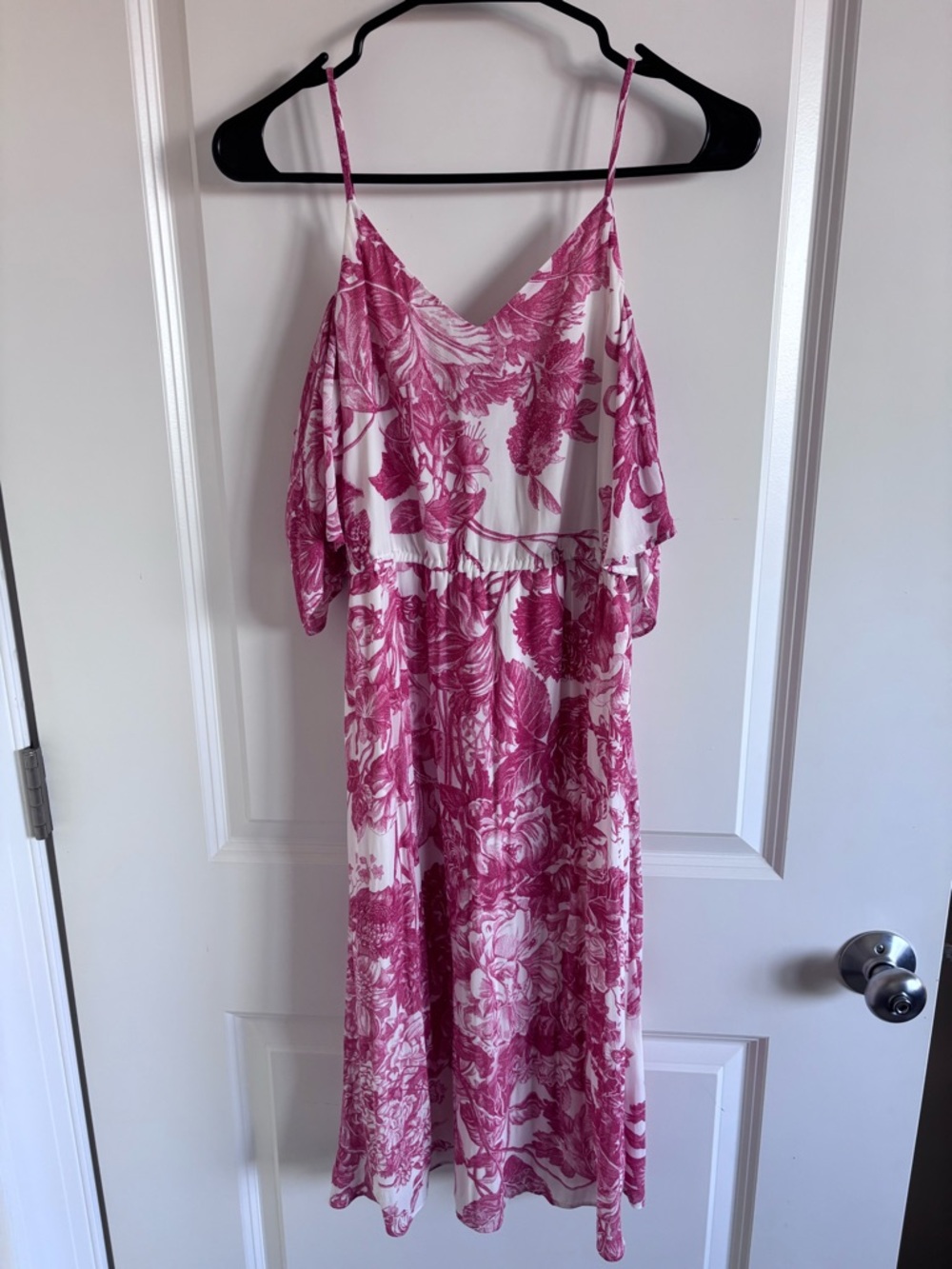 LOFT Red and White Floral Off the Shoulder Detail Midi Dress